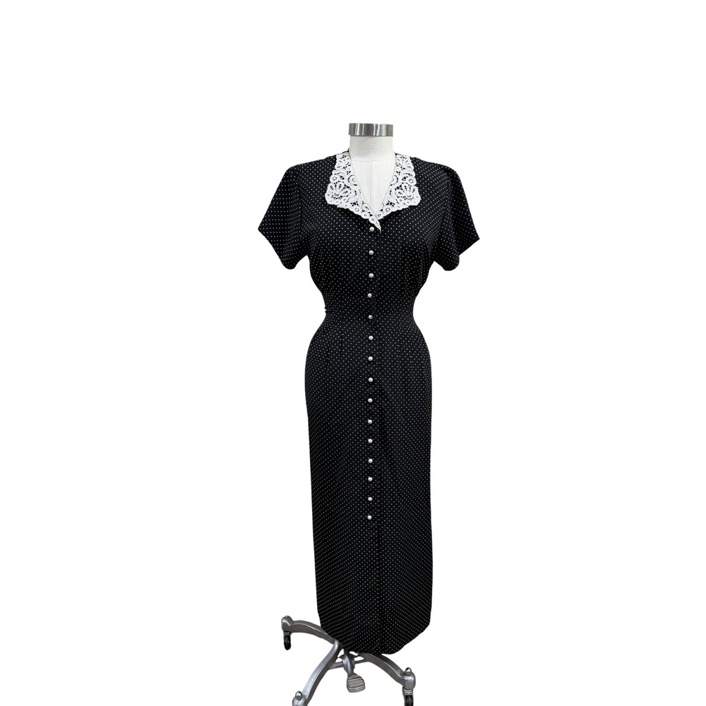 Betsy Lauren Vintage Polka Dot Midi Dress Black Lace Collar Pearl Button 10